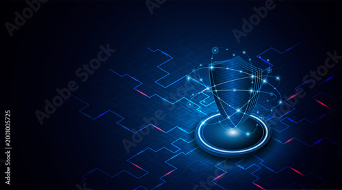 3D isometric shield icon representing internet security and firewall. Blue glowing technological background for cyber crime prevention.