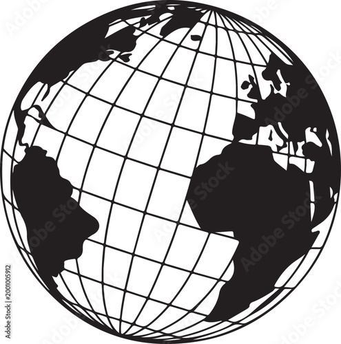 Black Globe Map with Grid Lines on White Background