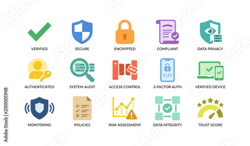 Security and privacy icons showing verification and controls