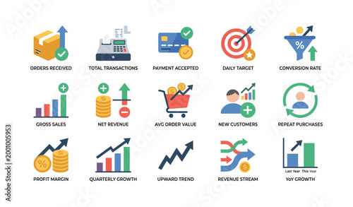 Ecommerce metric icons showing financial symbols on white background
