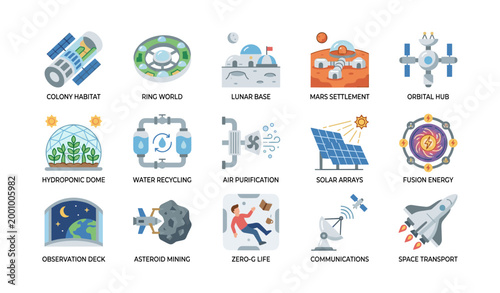 Space infrastructure icons arranged in grid on white background
