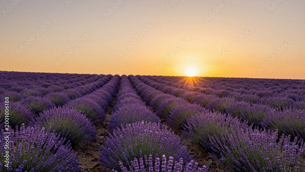 Obraz premium Lavender rows blooming at sunrise across open field