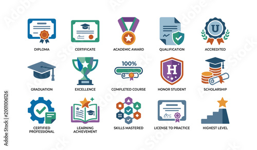 Educational certificates and awards displayed in grid on white background