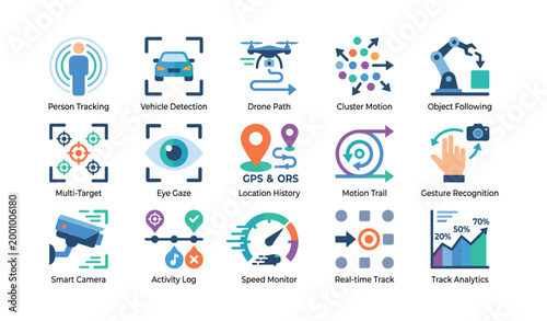 Tracking and motion icons showing detection features on white backdrop