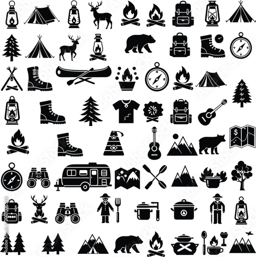 A collection of black camping icons