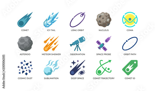Comet icons illustrating tails and orbital features in grid