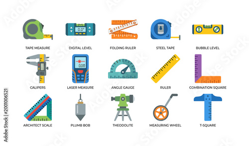 Measuring and surveying tool icons showing instruments on white