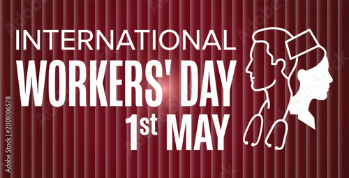 International Workers' Day Poster with Doctor and Nurse Silhouette on Red Background.