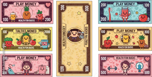 Cute Kids Play Money Banknote Collection Vector Set Featuring Cartoon Health Fun Bucks Currency Bills with Fruits Characters Educational Toy Cash Design