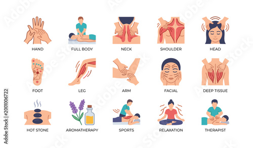 Massage therapy icons showing body areas on white background