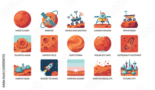 Mars exploration icons showing planets rovers and habitats on white