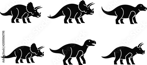 Triceratops Dinosaur Silhouette Collection Vector Set Featuring Prehistoric Herbivore Side View Poses Jurassic Era Animal Outline Illustration Elements