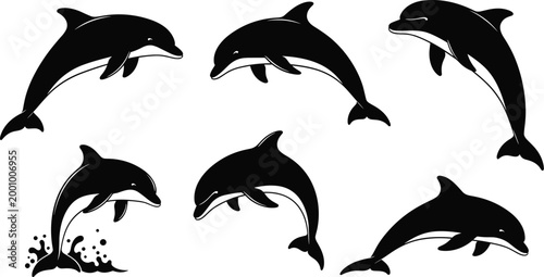 Dolphin Silhouette Jumping and Swimming Pose Collection Vector Set Featuring Marine Mammal Ocean Wildlife Shapes for Nautical Nature Design Elements