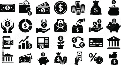 Money and finance icons with banking, payments, savings, investment and income concepts. Black filled symbols for financial apps, fintech, business dashboards, accounting and corporate projects.