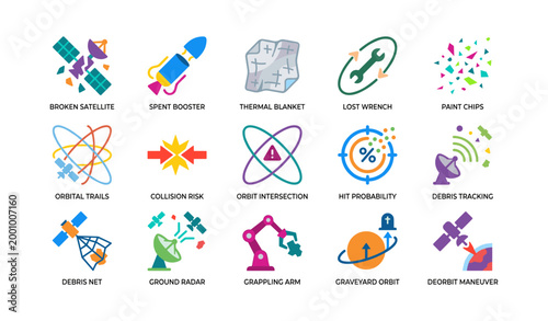Space debris and orbital risk icons arranged on white background