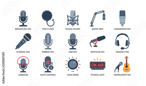 Podcast microphone icons showing mic types accessories and controls