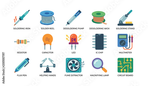 Soldering tools and electronic components arranged on white background