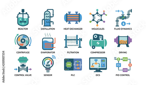 Process engineering icons showing equipment and control on white