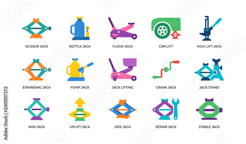 Vehicle jack icons depicting various lifting tools and types