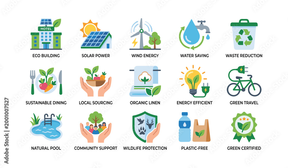 Naklejka premium Eco and sustainability icons arranged in grid on white background