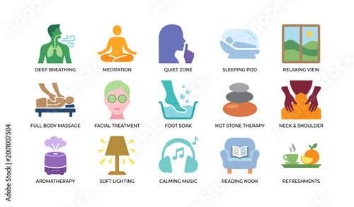 Wellness and relaxation icons representing spa and rest amenities