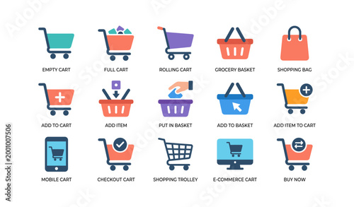 Shopping cart and basket icons illustrating e commerce and checkout
