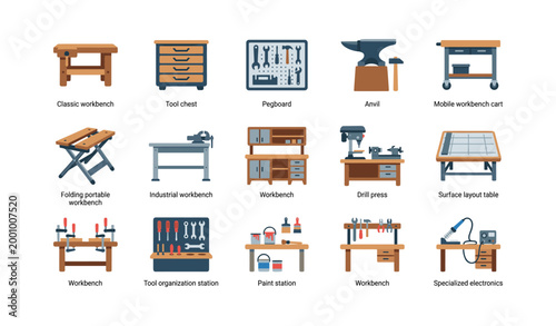 Workshop tools and workbench icons arranged on white grid