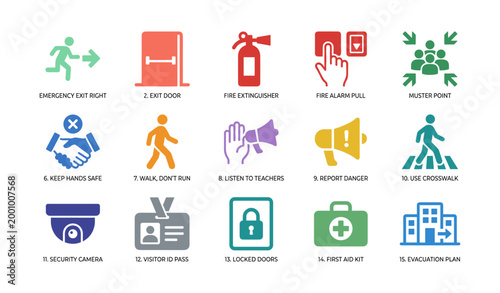 Safety icons depicting emergency procedures on white background
