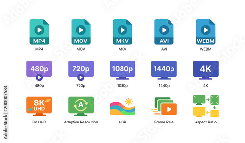 Video format and resolution icons displayed in white grid