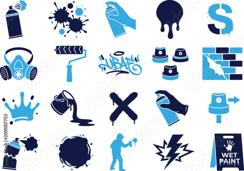 Graffiti art icons spray paint cans stencil art and urban street art symbols set.