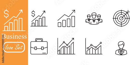 Business Icon Set: Financial Growth, Data Analytics, Corporate Leadership, Marketing Strategy, and Project Management Vector Line Icons for Web, UI Design, and Presentations