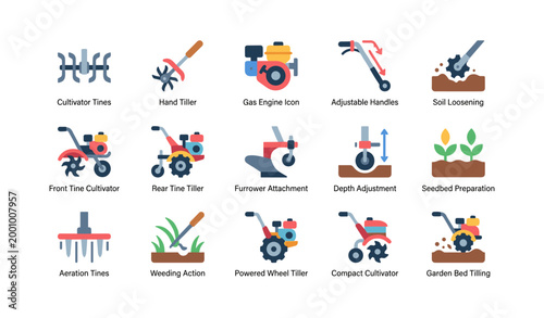Garden tiller icons arranged in grid on white background