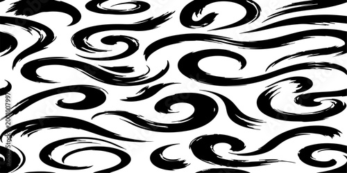 A seamless vector pattern featuring dynamic, smooth black brush strokes on a clean background. The strokes should form abstract, elegant swirls.