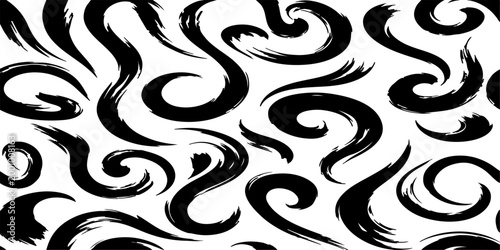 A seamless vector pattern featuring dynamic, smooth black brush strokes on a clean background. The strokes should form abstract, elegant swirls.