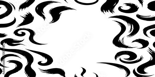 A seamless vector pattern featuring dynamic, smooth black brush strokes on a clean background. The strokes should form abstract, elegant swirls.