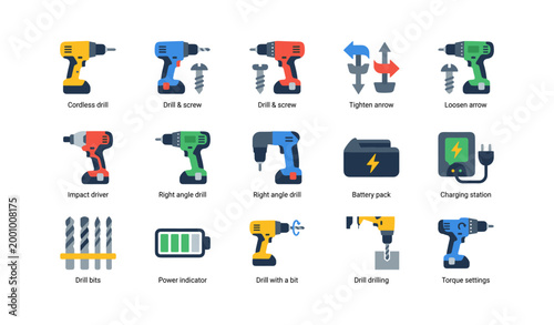 Cordless drill icons showing drills bits batteries and chargers