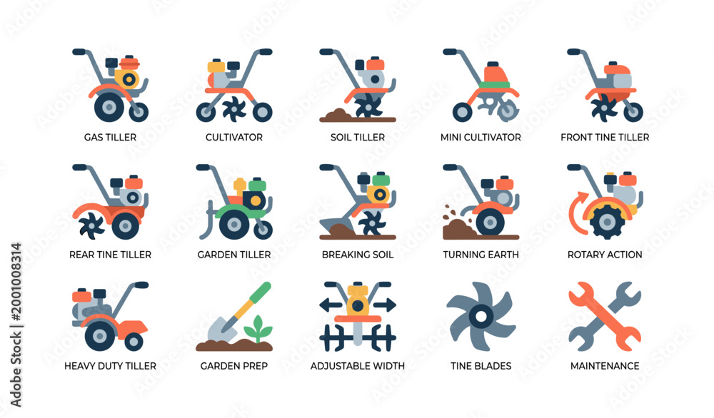 Fototapeta premium Garden tiller icons showing cultivators and soil tools on white