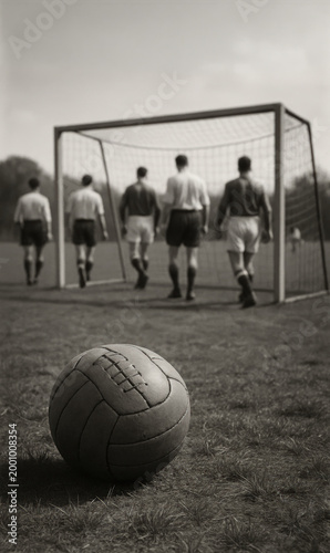Vintage black and white photo of a classic leather soccer ball on grass with players walking toward a goal. Retro sports scene capturing the heritage and nostalgia of traditional football.