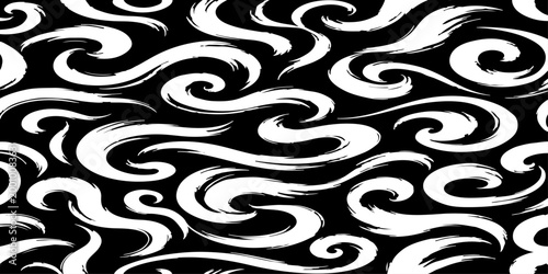 A seamless vector pattern featuring dynamic, smooth black brush strokes on a clean background. The strokes should form abstract, elegant swirls.