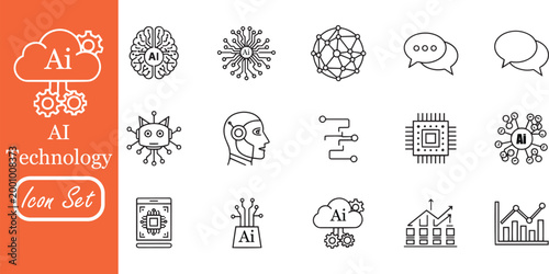 AI Technology Icon Set: Artificial Intelligence, Machine Learning, Neural Networks, Robotics, Cloud Computing, and Data Analytics Vector Line Icons for Web and UI Design