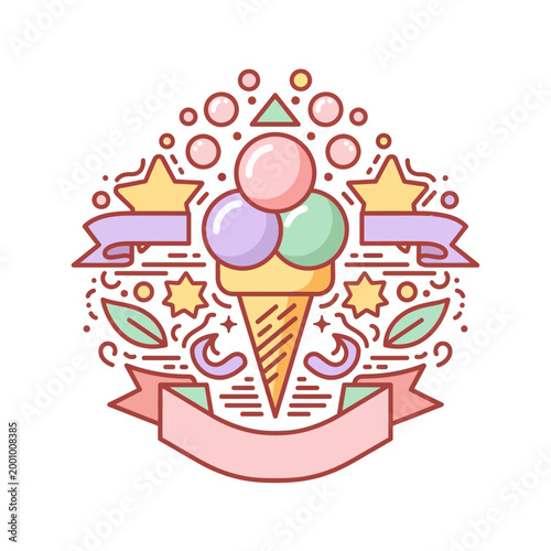 A colorful and whimsical illustration of an ice cream cone with decorative elements like stars, ribbons, and bubbles.