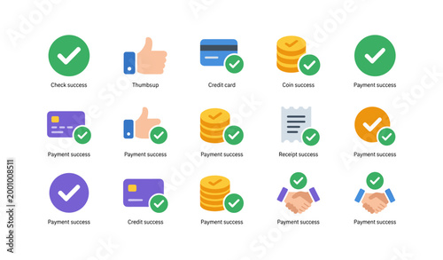 Payment success icons array with check marks on white grid