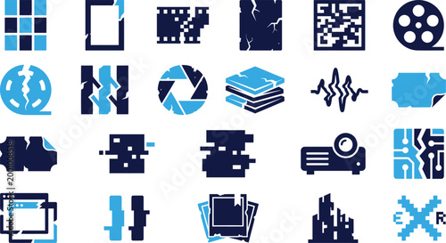 Set of digital technology icons representing data corruption and digital media.