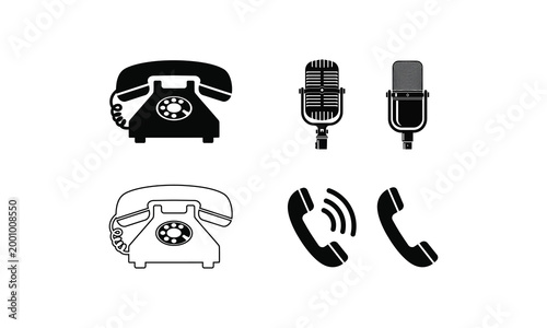 Communication icons silhouette vintage telephones and microphones in black and white