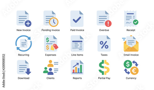 Invoice and billing icons arranged in grid on white background
