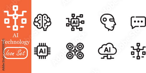 AI Artificial Intelligence Technology Icon Set featuring Neural Networks, Machine Learning, Robot Head, Cloud Computing, Brain Logic, AI Processor Chip, and Digital Automation Icons