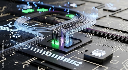 Fiber optic cables converge on illuminated microchips, creating vibrant data flow