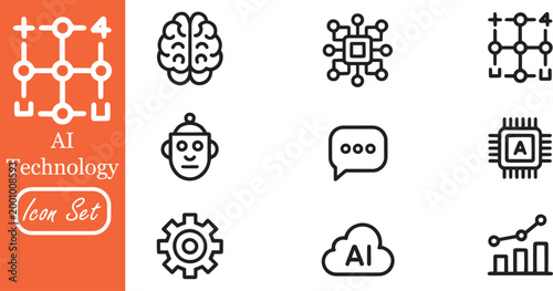 Artificial Intelligence and Machine Learning Vector Icon Set: Neural Networks, AI Cloud Computing, Robotics, Smart Data Analytics, and Brain Processor Outline Symbols