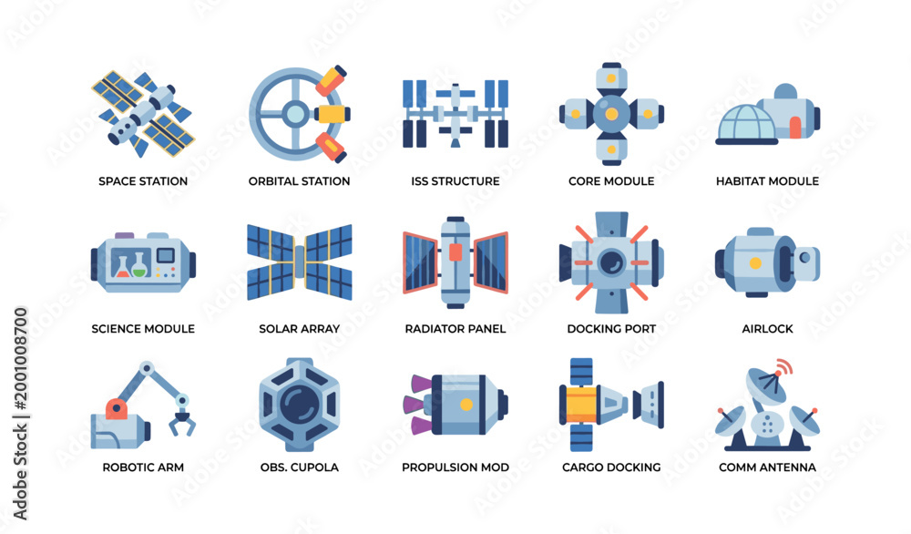 Fototapeta premium Space station module hardware icons in grid on white background