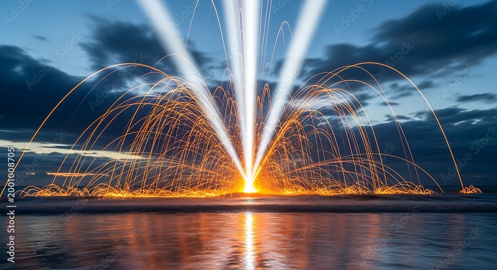 Fototapeta premium Fiery arcs of light burst upwards from a beach at twilight, illuminating the sky